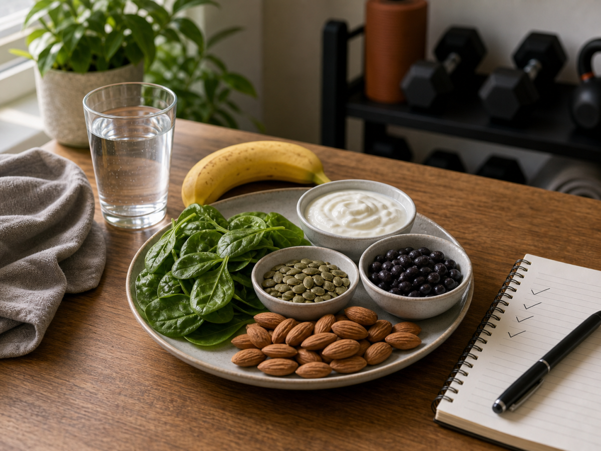 Magnesium recovery meal scene with spinach, beans, pumpkin seeds, almonds, yogurt, banana, water, and training gear