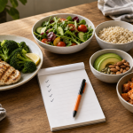 Balanced nutrition rules setup with lean protein, vegetables, smart carbs, healthy fats, water, and a checklist notebook