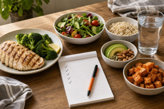 Balanced nutrition rules setup with lean protein, vegetables, smart carbs, healthy fats, water, and a checklist notebook