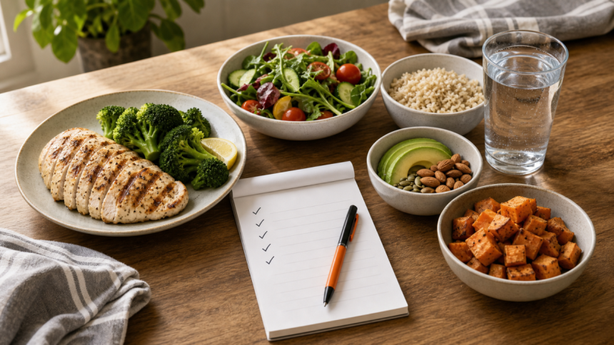 Balanced nutrition rules setup with lean protein, vegetables, smart carbs, healthy fats, water, and a checklist notebook
