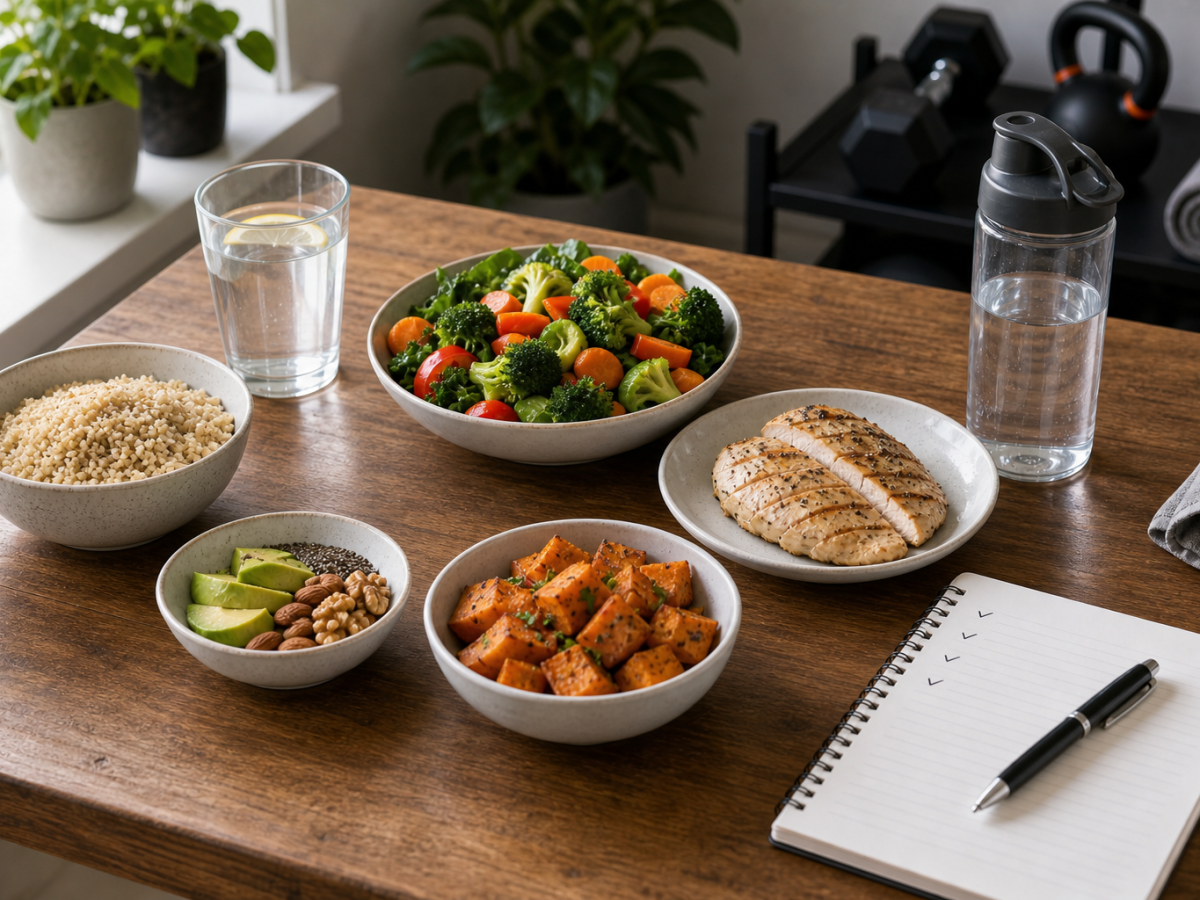 Five practical nutrition rule foods arranged with protein, vegetables, carbs, healthy fats, water, and a checklist