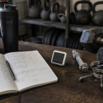 Training program planning setup with dumbbells, bands, lifting belt, timer, water bottle, and workout notebook