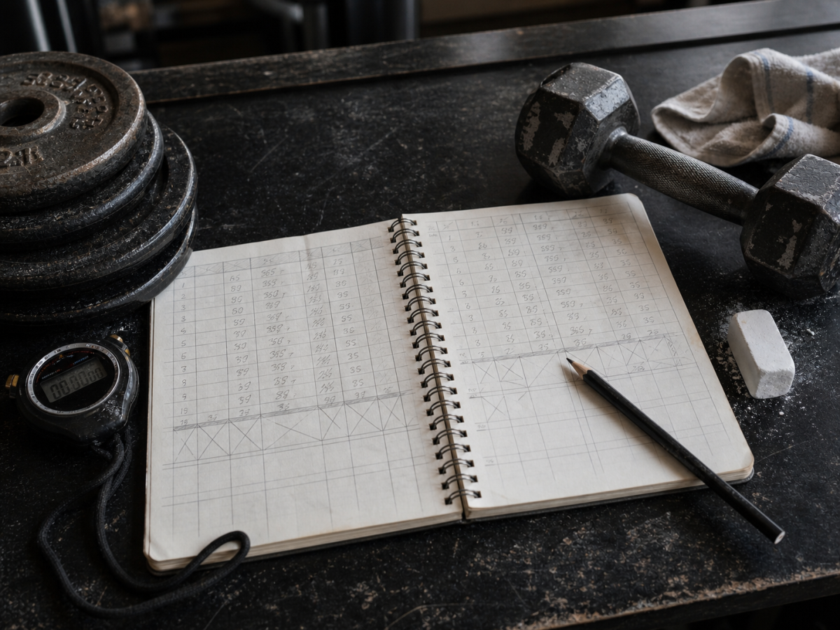 Progressive overload planning setup with training log, plates, chalk, stopwatch, dumbbell, and towel