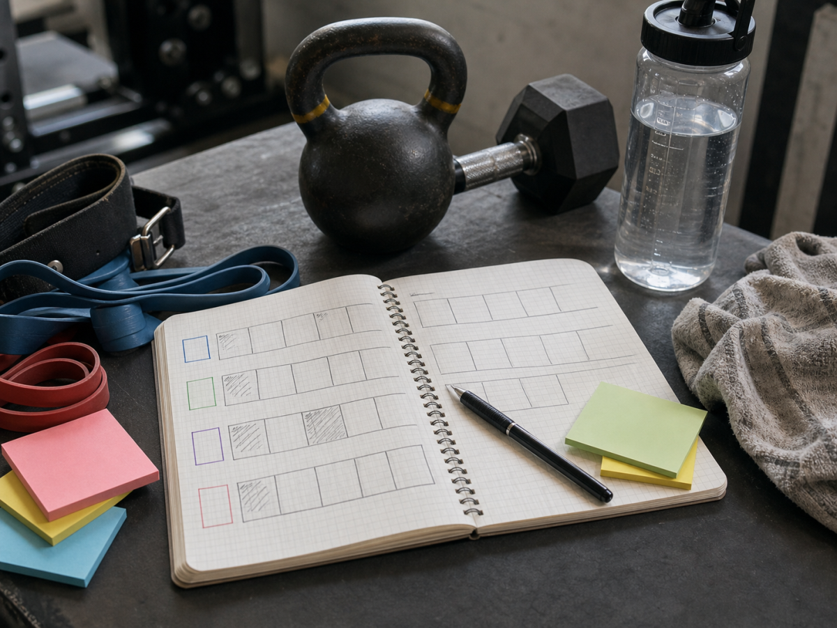 Training split planning setup with notebook, resistance bands, kettlebell, dumbbell, water bottle, and towel
