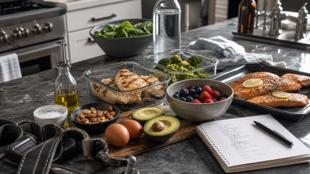 Keto diet meal prep for lifters with protein foods, low-carb vegetables, berries, nuts, electrolytes, and gym straps