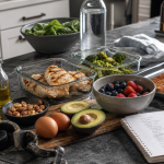 Keto diet meal prep for lifters with protein foods, low-carb vegetables, berries, nuts, electrolytes, and gym straps