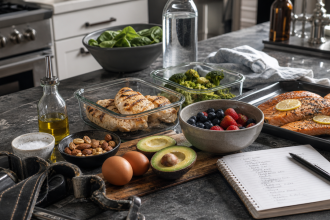 Keto diet meal prep for lifters with protein foods, low-carb vegetables, berries, nuts, electrolytes, and gym straps
