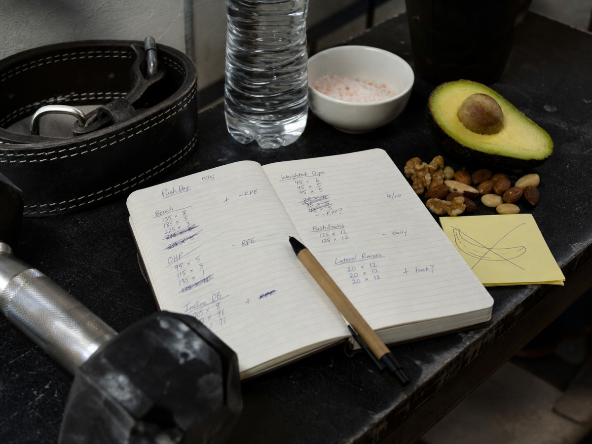 Keto training troubleshooting setup with workout log, water, salt, avocado, nuts, belt, and dumbbell