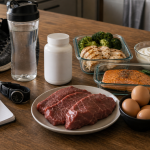 L-carnitine food and supplement scene with lean meat, fish, eggs, dairy, rice, vegetables, training shoes, and notebook