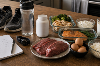 L-carnitine food and supplement scene with lean meat, fish, eggs, dairy, rice, vegetables, training shoes, and notebook