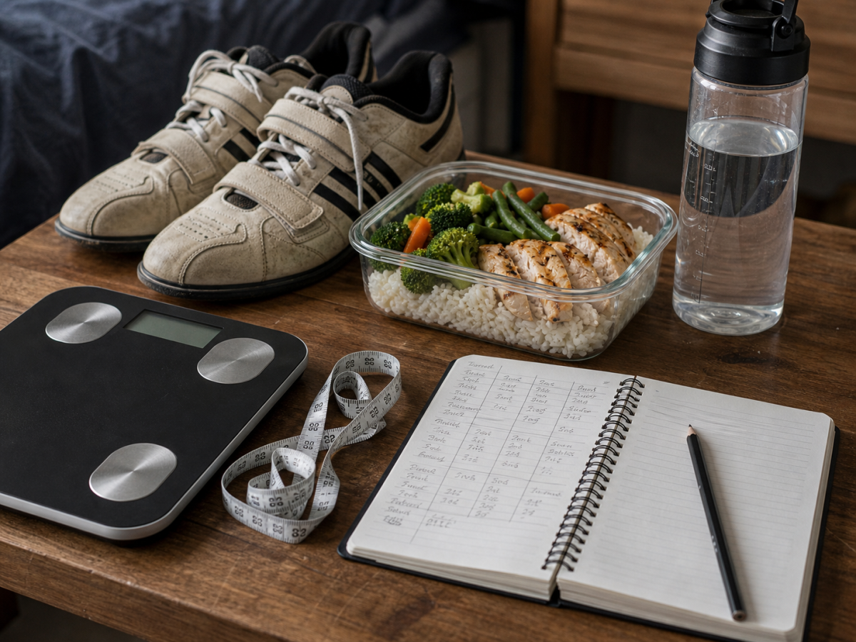Lean bulk weekly check-in setup with scale, measuring tape, notebook, meal prep, water, lifting shoes, and pencil