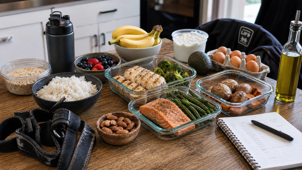 Lean bulking meal prep with chicken, salmon, eggs, rice, oats, potatoes, fruit, vegetables, olive oil, and lifting straps