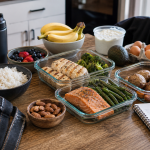 Lean bulking meal prep with chicken, salmon, eggs, rice, oats, potatoes, fruit, vegetables, olive oil, and lifting straps