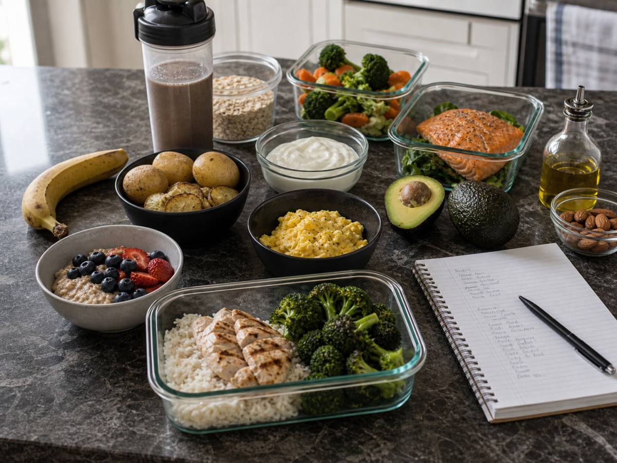 Lean bulk meal builder with oats, berries, yogurt, eggs, chicken, rice, potatoes, salmon, olive oil, avocado, banana, vegetables, notebook, and shaker bottle