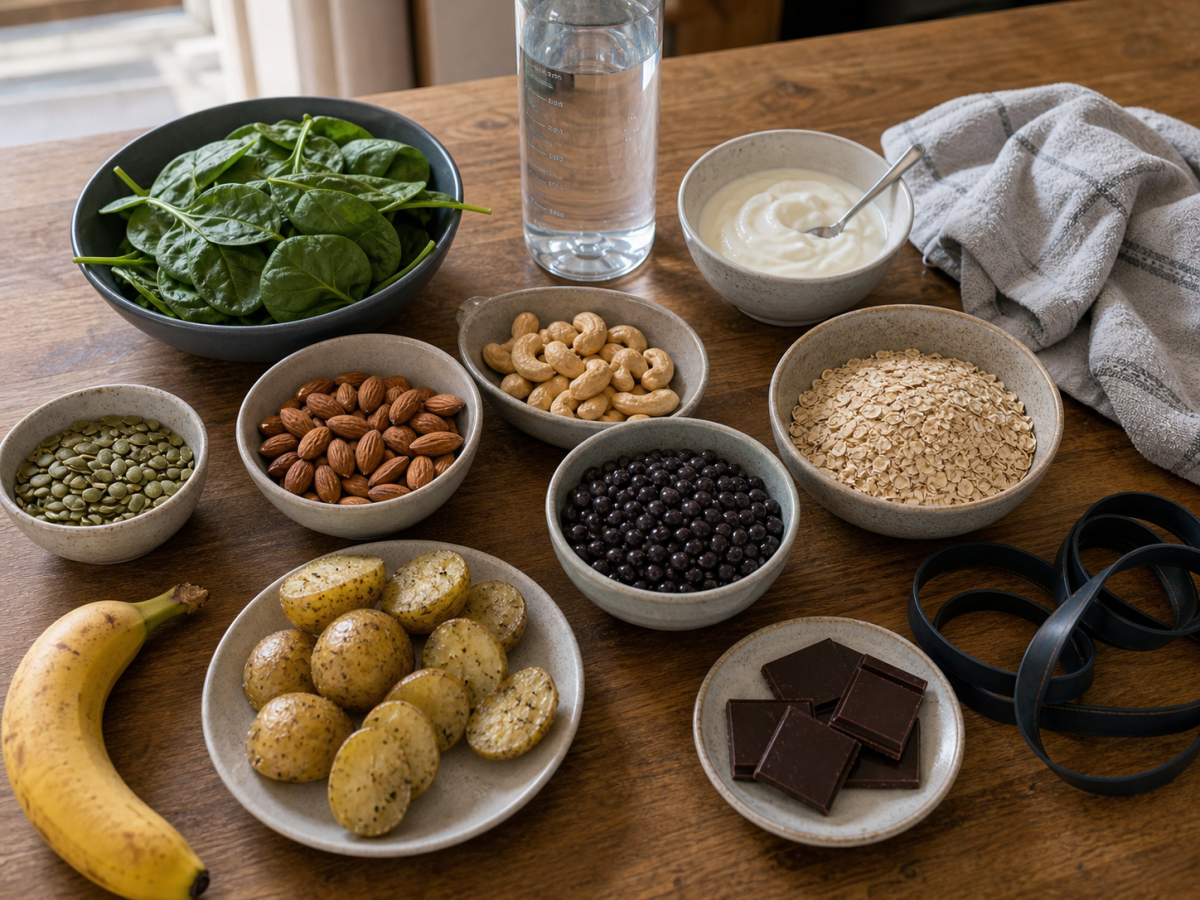Magnesium-rich foods for lifters including spinach, seeds, almonds, cashews, oats, yogurt, banana, potatoes, dark chocolate, water, and training band