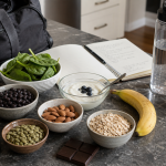 Magnesium-rich foods for lifters with spinach, seeds, almonds, oats, yogurt, banana, dark chocolate, water, and gym gear