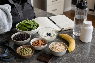 Magnesium-rich foods for lifters with spinach, seeds, almonds, oats, yogurt, banana, dark chocolate, water, and gym gear