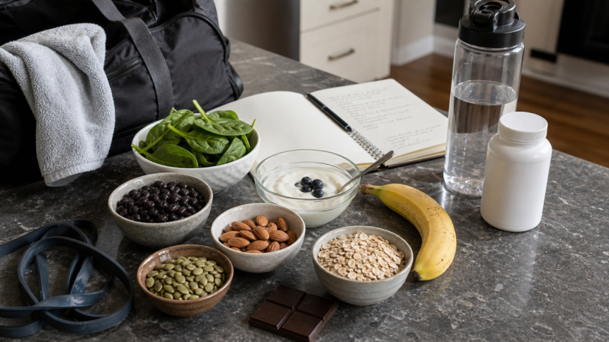 Magnesium-rich foods for lifters with spinach, seeds, almonds, oats, yogurt, banana, dark chocolate, water, and gym gear