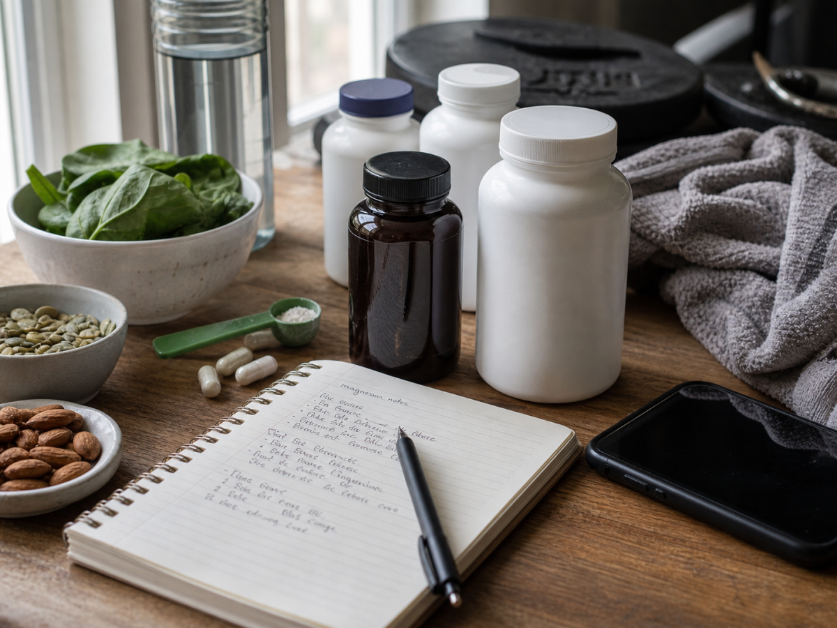 Magnesium supplement label-reading setup with plain bottles, notebook, seeds, spinach, almonds, water, and gym gear