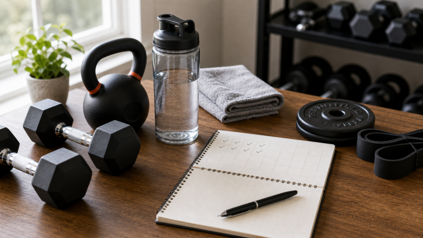 Strength training program design setup with dumbbells, kettlebell, resistance band, water, towel, and a blank workout notebook