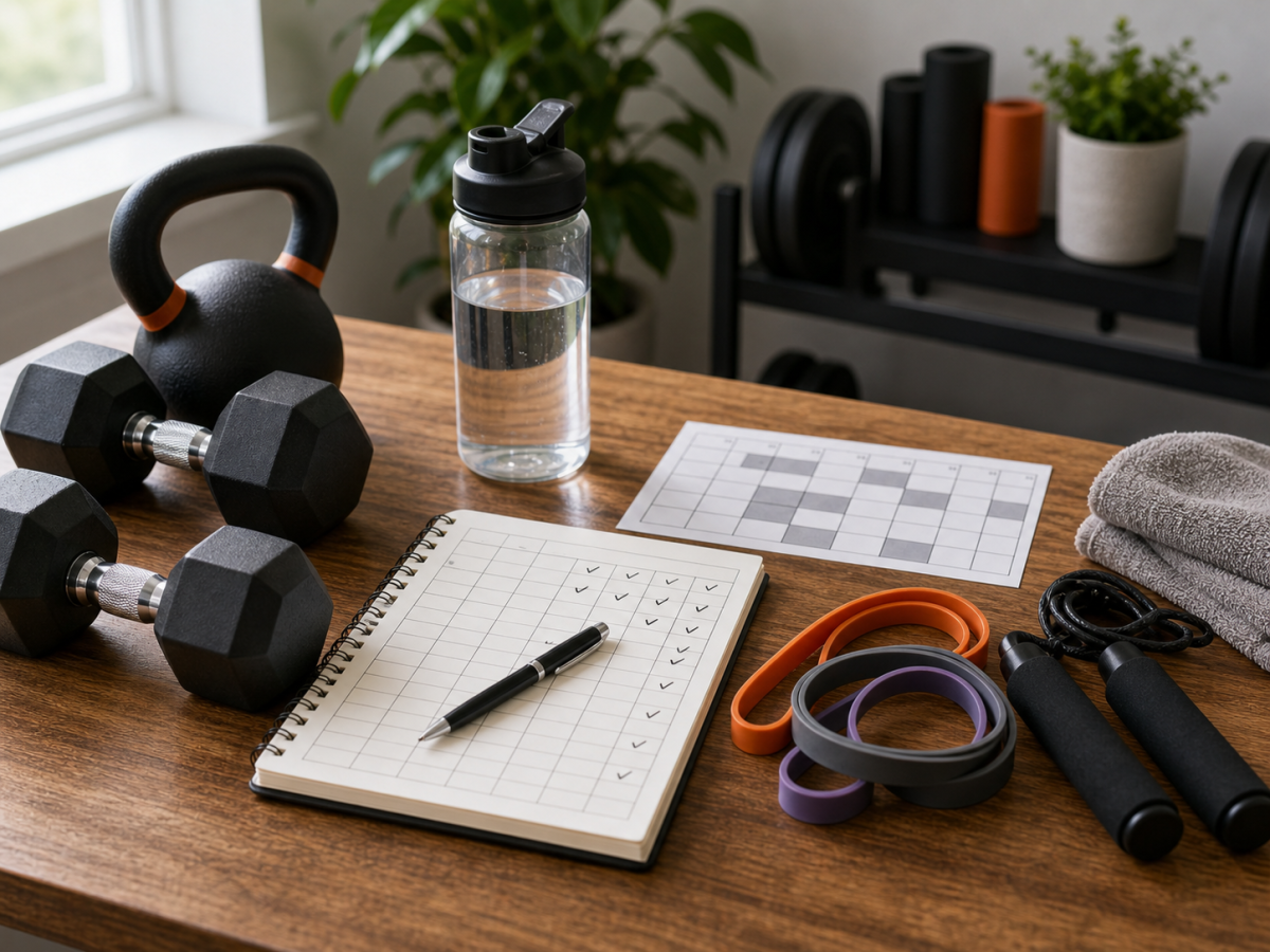 Workout program planning scene with weights, bands, water, towel, notebook, and check marks
