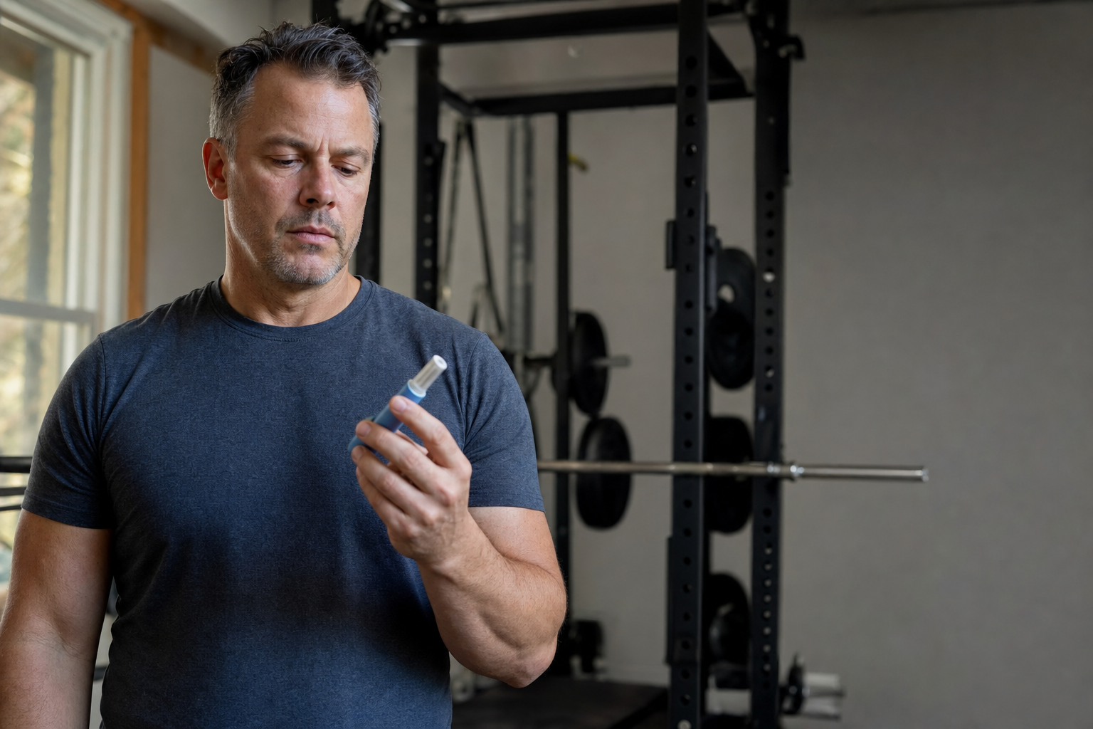 Adult holding a GLP-1 injector pen in a home gym setting, illustrating the protocol to keep muscle while taking GLP-1 weight-loss drugs