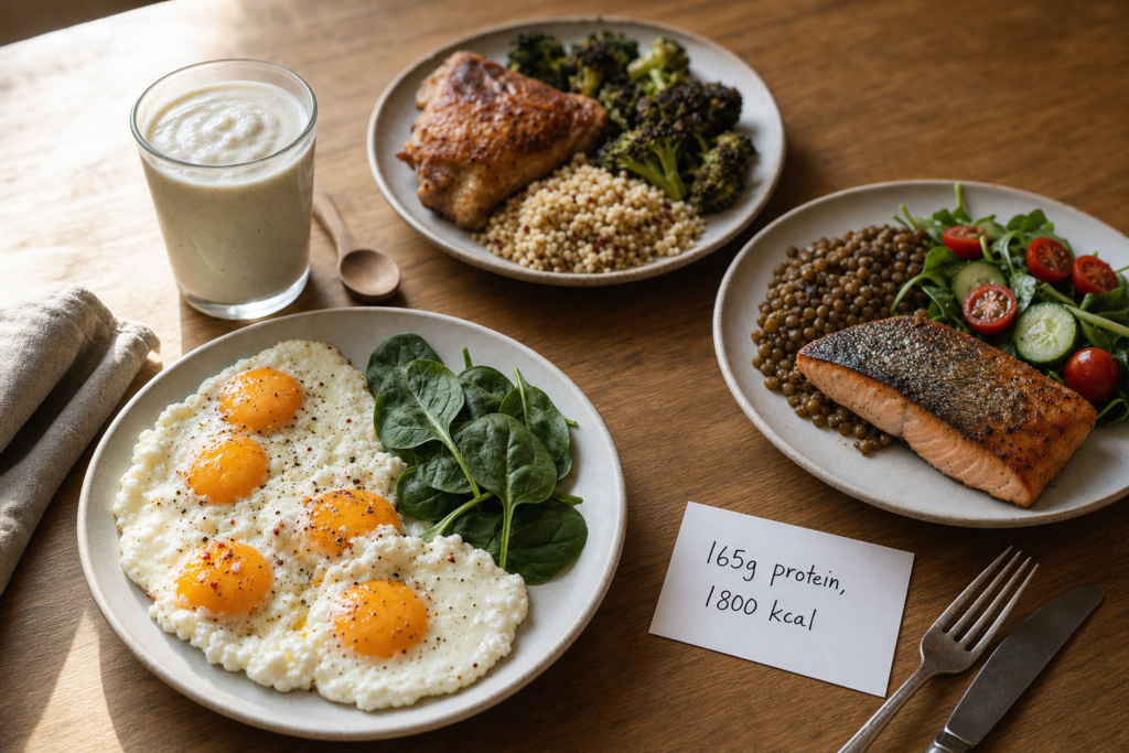 Top-down flat-lay of four protein-rich meals on a wooden kitchen table: eggs and cottage cheese, Greek yogurt with whey, chicken thighs with quinoa and broccoli, and salmon with lentils. Total roughly 165 g protein on 1,800 calories
