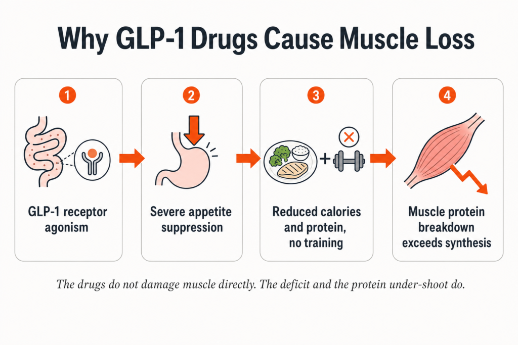 Mechanism flow diagram showing how GLP-1 drugs cause muscle loss: receptor agonism leads to appetite suppression, which reduces calorie and protein intake, which leads to muscle protein breakdown exceeding synthesis