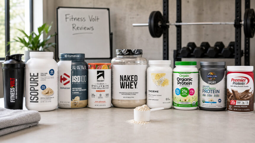 Protein powders for GLP-1 users product lineup with visible labels and Fitness Volt Reviews whiteboard