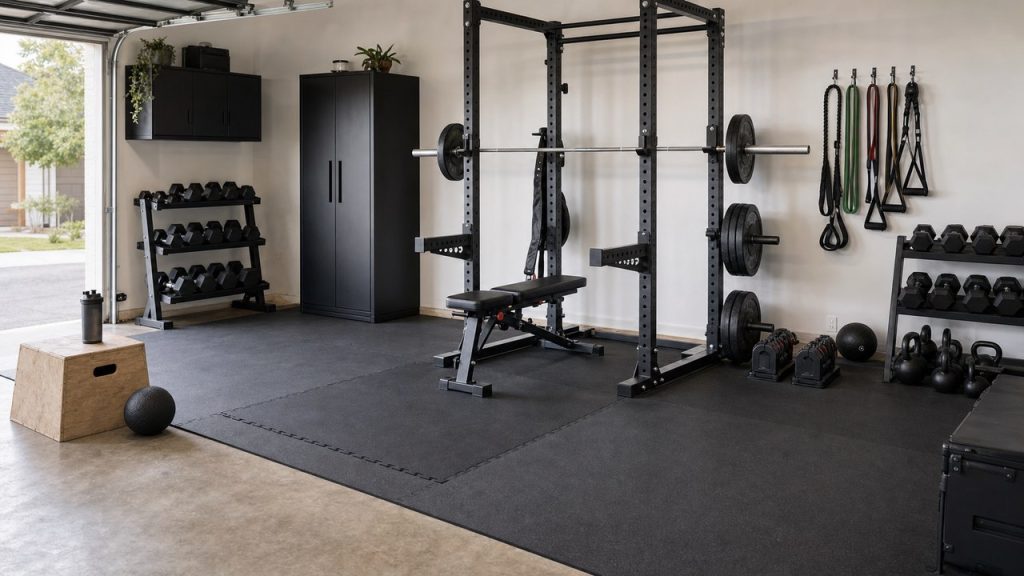 Organized home gym with clear lifting space, rubber flooring, rack, dumbbells, and safe storage