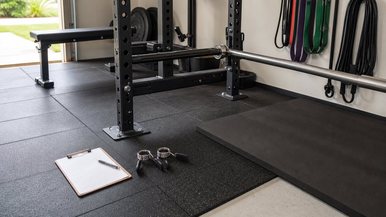 Close view of a home gym safety audit with squat rack base, rubber flooring, barbell collars, bands, and clear walking space