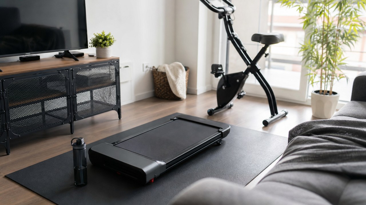Compact walking pad and exercise bike on a protective mat for apartment cardio training
