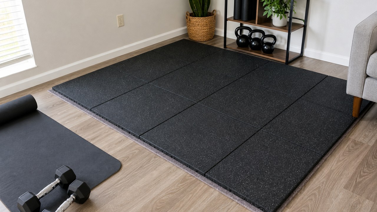 Removable interlocking floor tiles creating a renter-friendly workout zone in an apartment