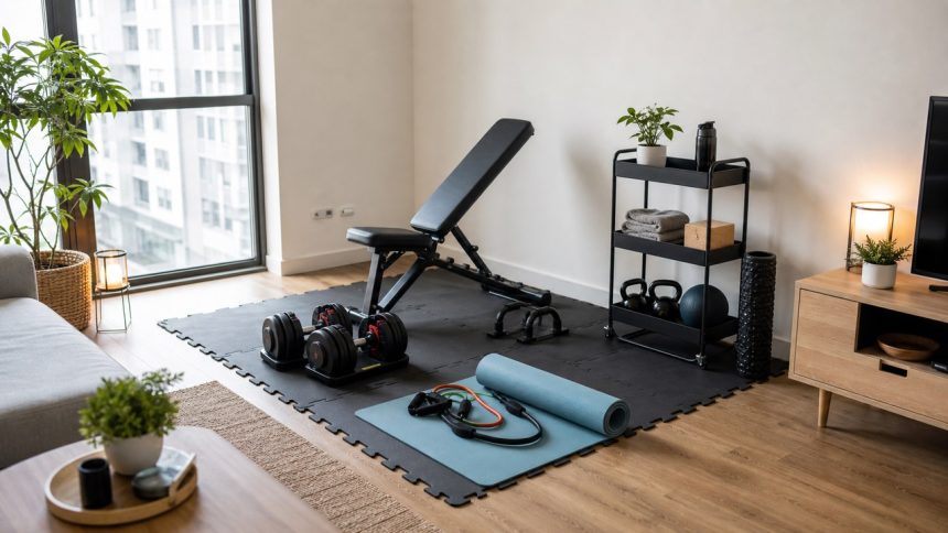 Renter-friendly apartment home gym with removable floor mats, dumbbells, bench, and storage cart