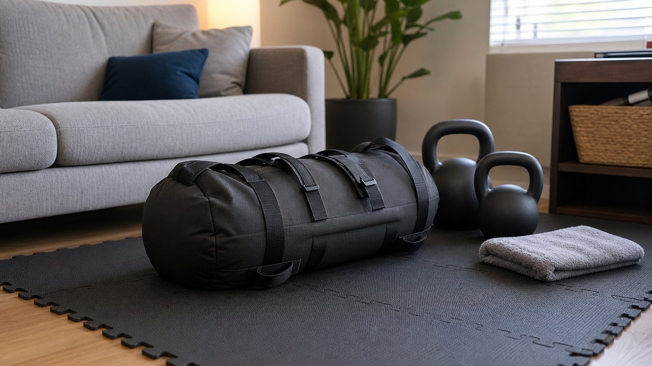 Training sandbag and kettlebells on removable mats for a renter-friendly strength setup
