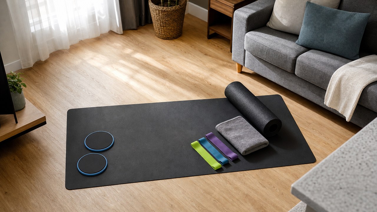 Exercise sliders, yoga mat, foam roller, and mini bands set up in a renter-friendly apartment workout zone