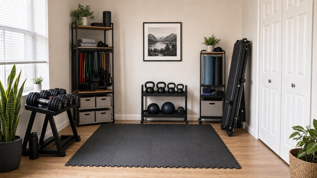 Compact home gym with freestanding storage shelves, dumbbells, kettlebells, bands, and open floor space