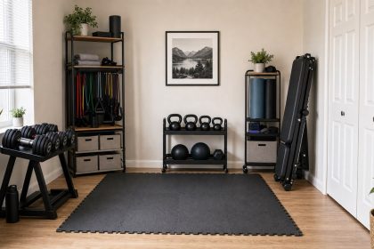 Compact home gym with freestanding storage shelves, dumbbells, kettlebells, bands, and open floor space