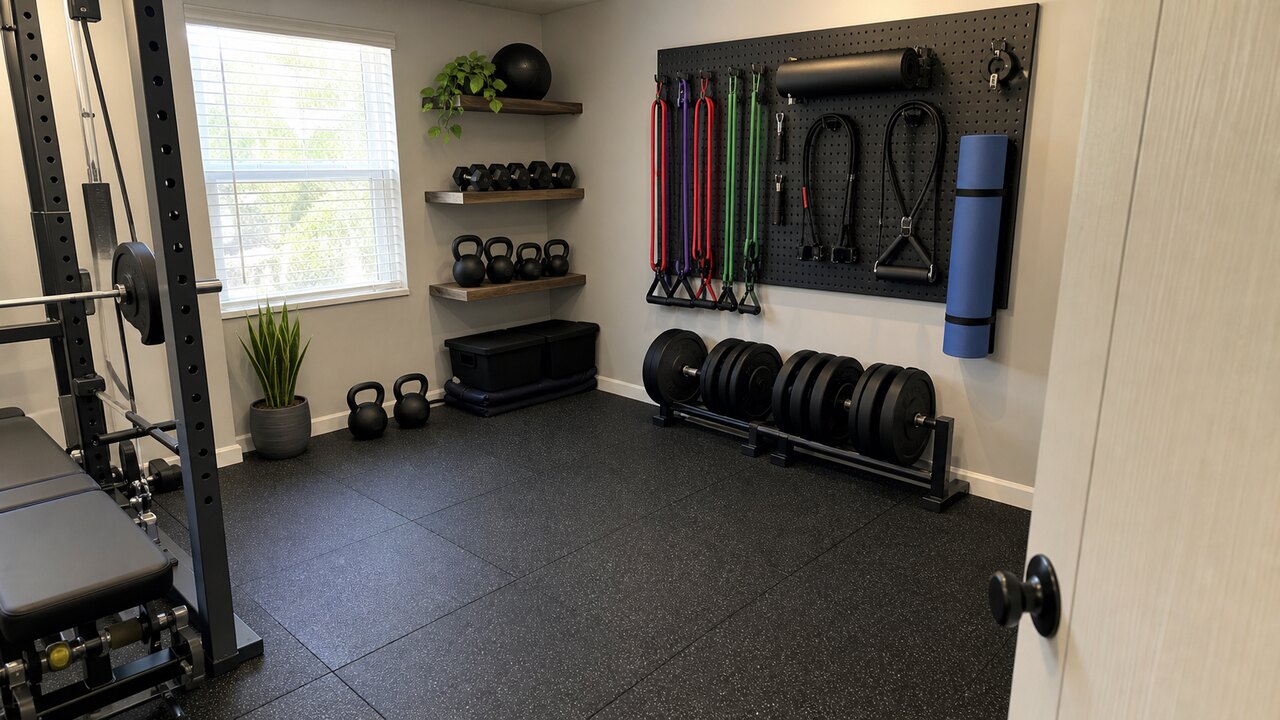Small home gym storage wall with bands, ropes, plates, kettlebells, dumbbells, and open floor space
