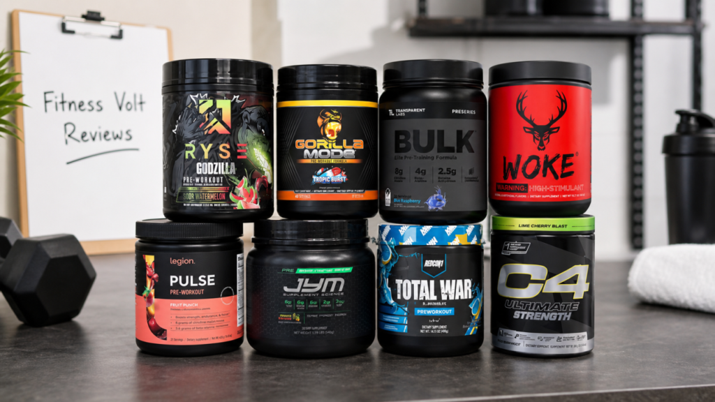 Strongest pre-workout supplements lineup featuring RYSE Godzilla, Gorilla Mode, Transparent Labs BULK Black, Woke AF, Legion Pulse, Pre JYM, Total War, and C4 Ultimate.