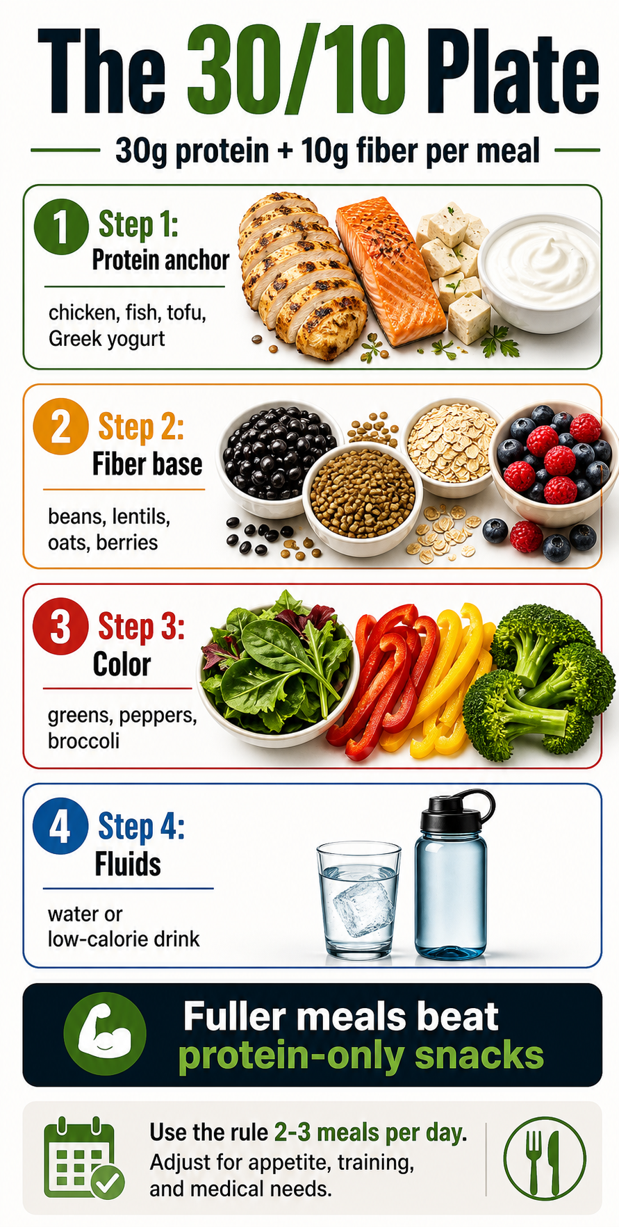 Vertical infographic explaining the 30/10 Plate formula with protein, fiber, color, and fluids