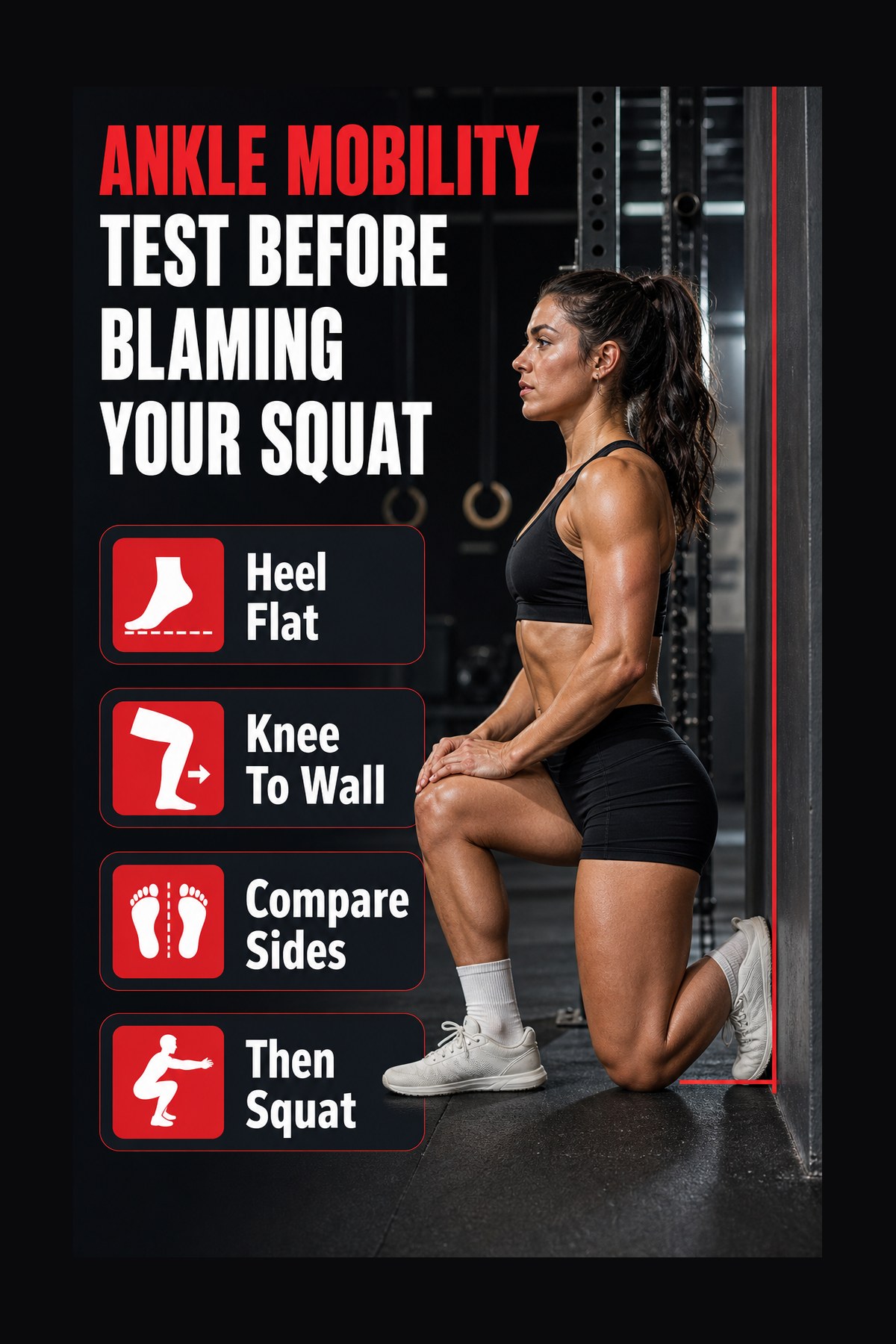 Labeled ankle mobility test graphic before squats