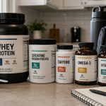 Labeled whey protein creatine caffeine omega-3 and vitamin D supplements on a kitchen counter
