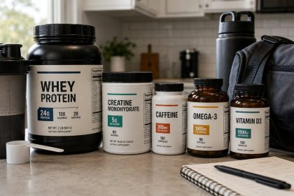Labeled whey protein creatine caffeine omega-3 and vitamin D supplements on a kitchen counter