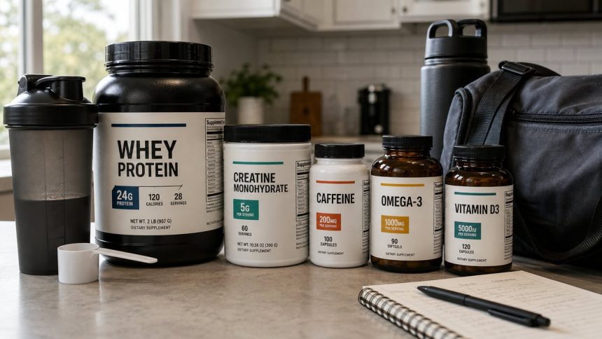 Labeled whey protein creatine caffeine omega-3 and vitamin D supplements on a kitchen counter