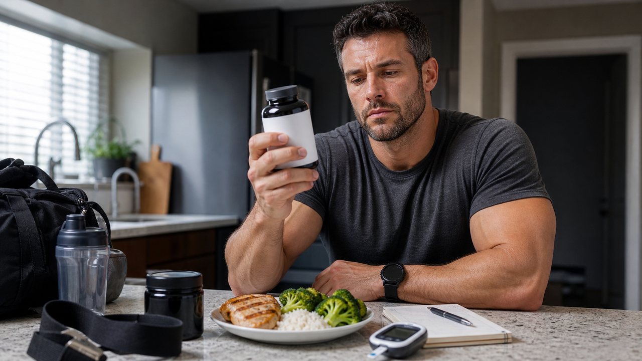 Lifter reviewing a berberine supplement with a meal and training notebook