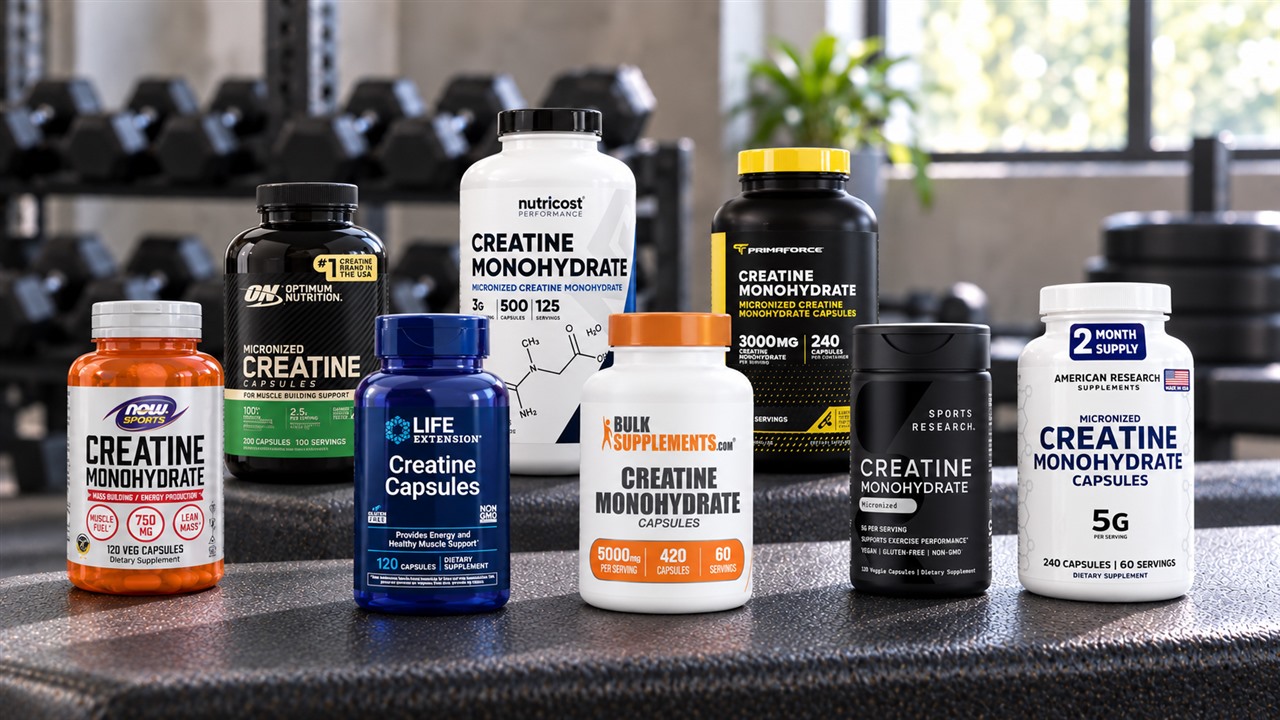 Eight creatine monohydrate capsule bottles arranged on a gym bench with front labels visible