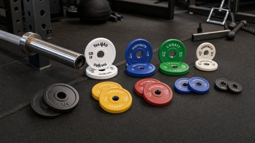 Fractional weight plates with visible printed markings arranged beside an Olympic barbell sleeve