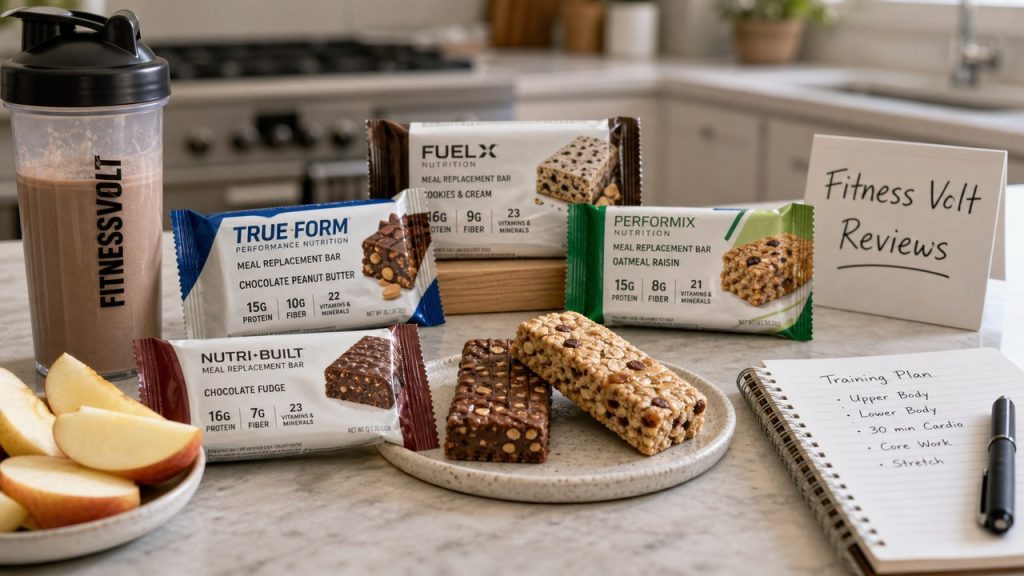 Meal replacement bars arranged for a FitnessVolt review
