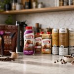 Protein coffee products with visible packaging labels arranged for a FitnessVolt review